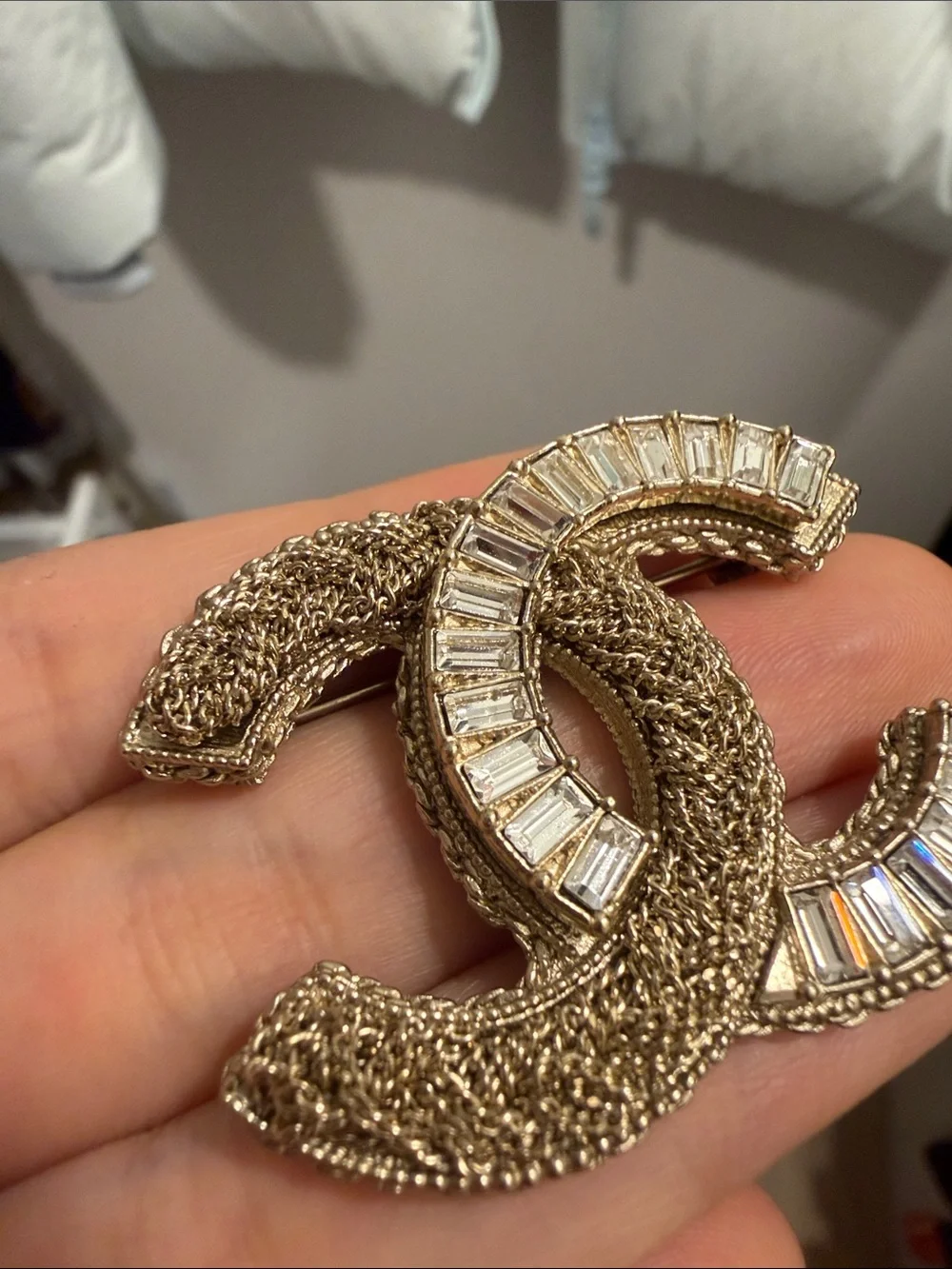 Chanel Gold-Tone Crystal Double-C Logo Brooch